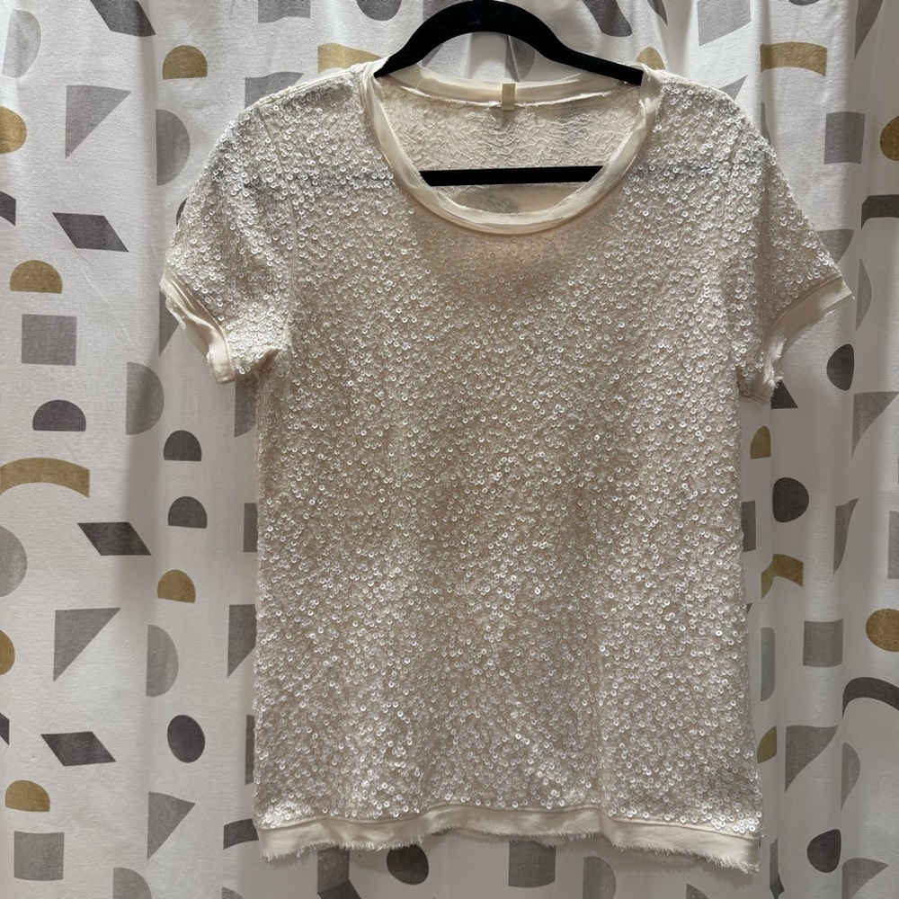 J. Crew Cream Sequined Short Sleeve Top